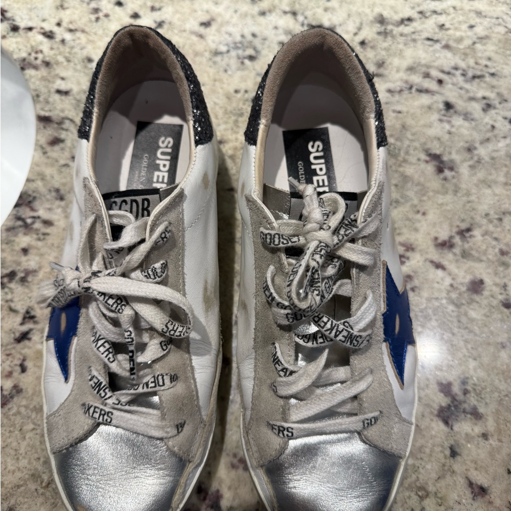 Worn once! Golden Goose Sneakers with Blue and Silver Accents. Brand new